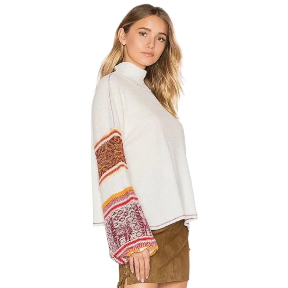 Free People Oversized Waffle Mock Northern Lights Sweater Mock Neck Tunic Sz XS